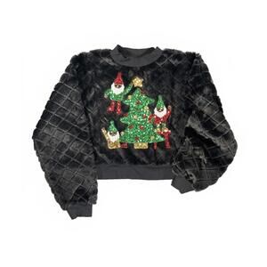 Women's Black Quilted Fuzzy Christmas Sweater with Sequin Gnome and Tree Size XL